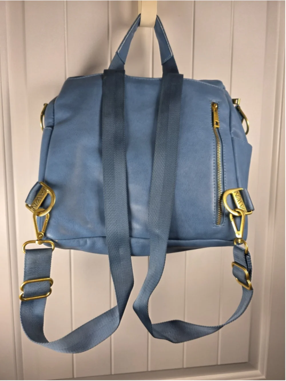 Fawn Design Original Bluebell Diaper Bag Backpack Vegan Leather Blue Gold